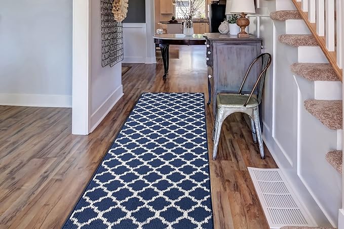 Custom Size Cut to Length Moroccan Trellis Design Runner Rug Mat For Wide Long Hallways with Non-Slip Rubber Backing, Better Traction for Pets, Prevent Slippage, Trellis Navy Blue, 31 inch X 25 feet
