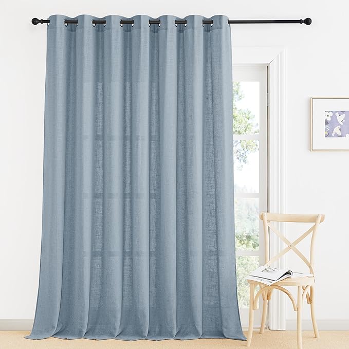 RYB HOME Boho Linen Curtains 90 inches Long, Light Filtering Vertical Texture for Living Room Glass Door Nursery Dining Room, Privacy Assured Natural Fabric Drapes, Dusty Blue, W 60 x L 90, 1 Pc