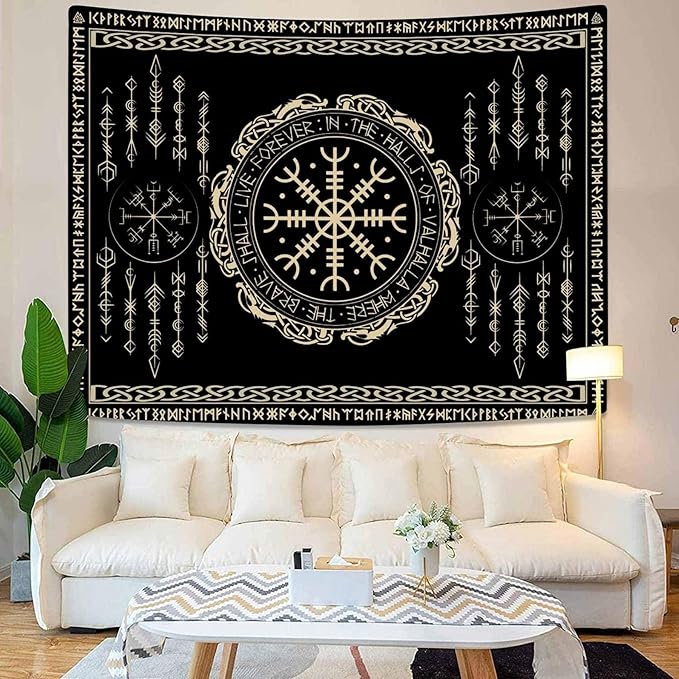 OSUNBD Nordic Vikings Tapestry 40x30 Inch - Soft Flannel Wall Hanging with Vegvsir, Celtic Runes, Scandinavian Mythology Art for Bedroom, Living Room Decor