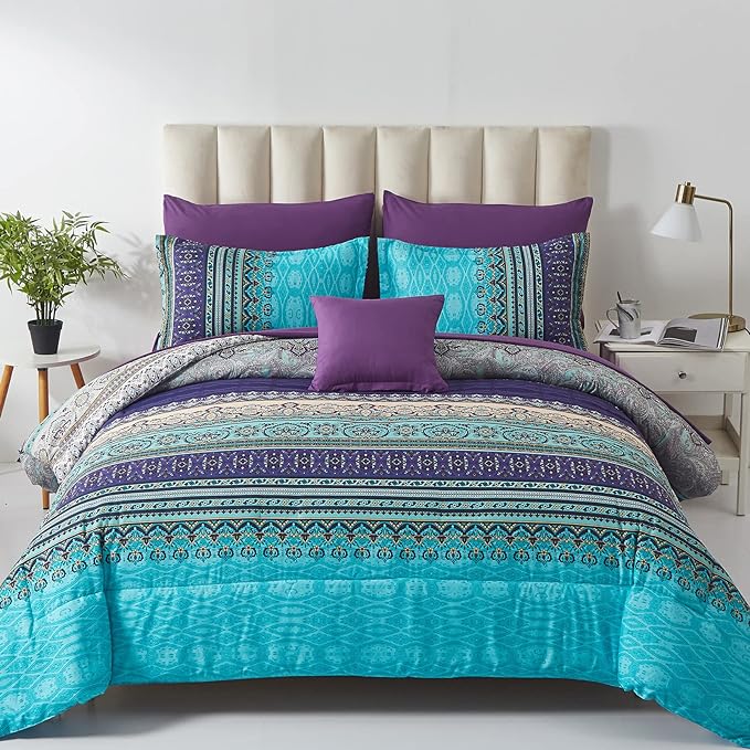 Boho Comforter Set California King Size 8 Piece Bed in a Bag Bohemian Striped Bedding Quilt Set Aqua Paisley Floral Comforter and Sheet Set,Soft Microfiber Complete Bedding Sets for All Season