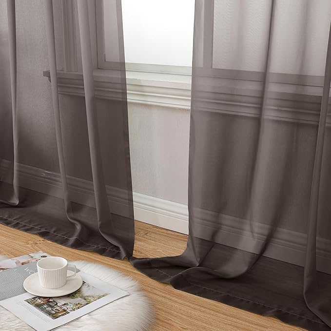 Aiyufeng Chocolate Sheer Curtains 45 Inches Long 2 Panels, Solid Voile Top Dual Rod Pockets Stylish Breathable Drapes Window Treatment for Kid's Room/Bedroom/Living Room, 42W x 45L, Chocolate Brown