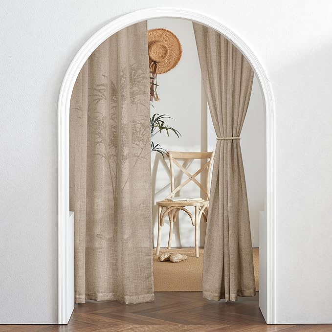 RYB HOME Linen Kitchen Curtains 63 inch Length for Living Room Bedroom, Privacy Protection Light Filtering Decorative Natural 2 Panels Set Farmhouse Boho, Khaki, W 34 x L 63 inches