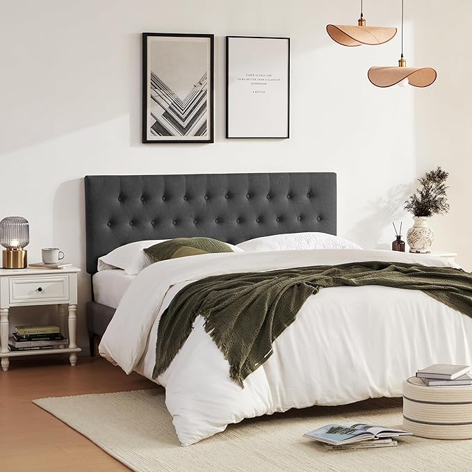Tufted Upholstered Headboard Full Size, Solid Wood Head Board with Durable Metal Legs, Adjustable Height Full XL headboard from 37” to 51” Fabric Headboard in Modern Button Design, Black