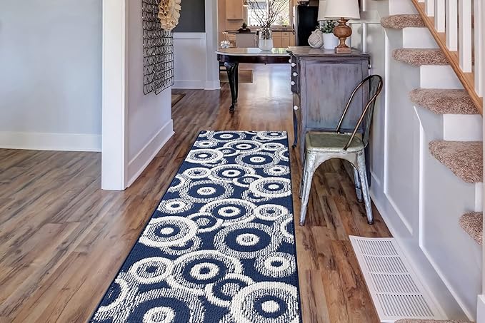 Custom Length Cut to Size Retro Modern Coastal Carpet Runner Rug for Hallways, Non Slip Rubber Backed, 31 inch Wide X Customized Length, Geo Blue, 31 inch X 25 feet