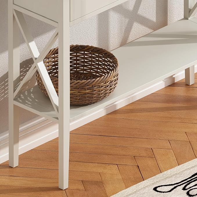 ChooChoo Farmhouse Console Table with Drawers, Narrow Wood Accent Sofa Table Entryway Table with Storage Shelf for Entryway, Front Hall, Hallway, Living Room, Antique White & Brown