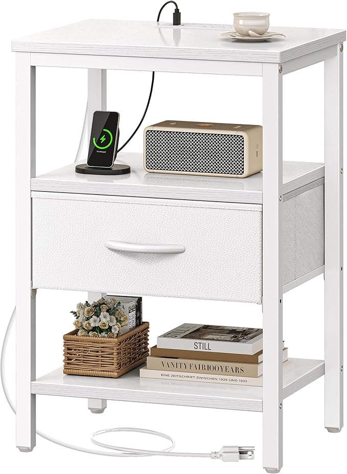 SUPERJARE Nightstand with Charging Station, Bed Side Table with Adjustable Fabric Drawer, Night Stand for Bedroom, 3-Tier Storage End Table, for Living Room, White