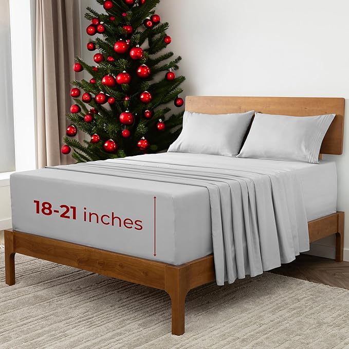 Mellanni Extra Deep Queen Sheets - 4 PC Iconic Collection Bedding - Hotel Luxury, Ultra Soft, Cooling Bed Sheets - Wrinkle, Fade, Stain Resistant (Queen, Light Gray)