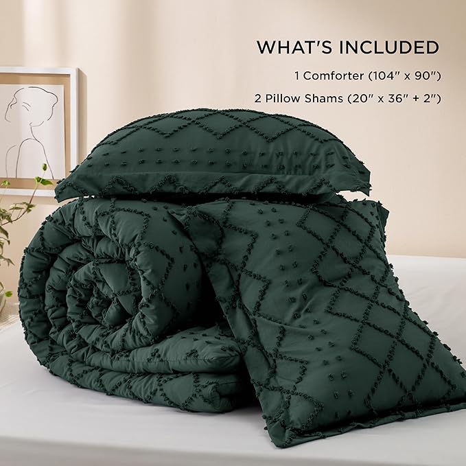 Bedsure King Comforter Set - Forest Green Comforter, Boho Tufted Shabby Chic Bedding for Kids, 3 Pieces Vintage Farmhouse Bed Set for All Seasons, Fluffy Soft Bedding with 2 Pillow Shams