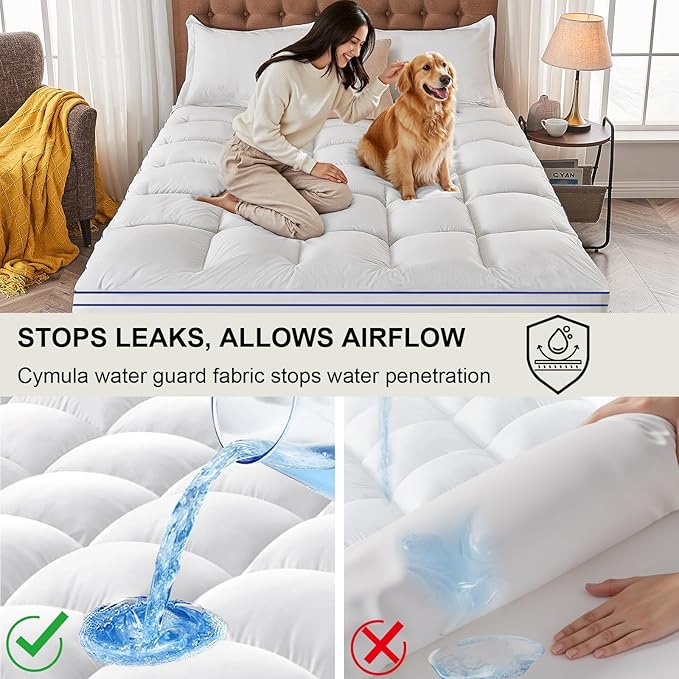 CYMULA California King Mattress Topper Waterproof, Cooling Pillow Top Mattress Topper, Extra Thick Cal King Mattress Pad Cover with 8-21Inch Pockets, Plush Down Alternative Fill Mattress Protector