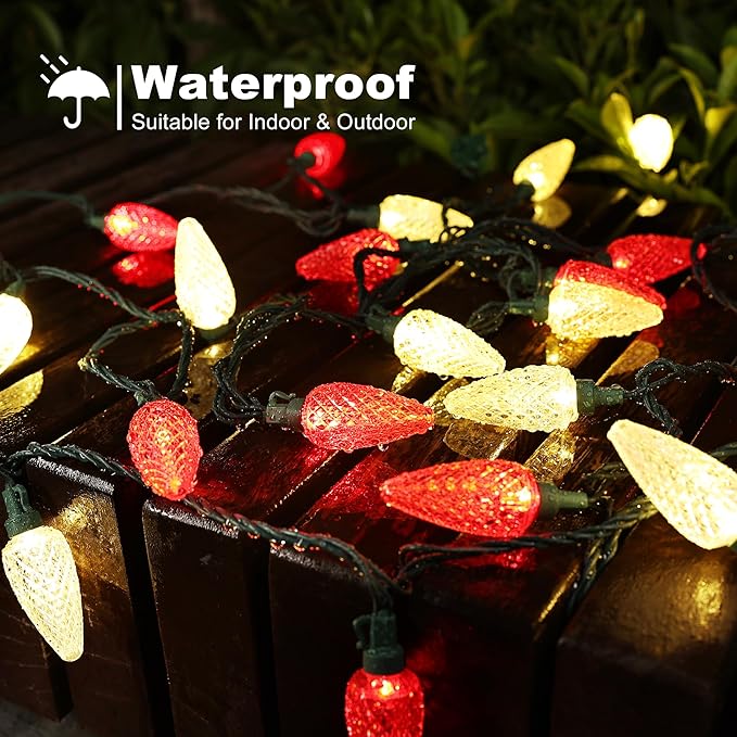 Brizled Red & Warm White Christmas Lights, 66ft 100 LED C9 Christmas Lights, Connectable Outdoor Faceted Strawberry Light String, 120V UL Certified Indoor Xmas Tree Light for Home Holiday Party Decor