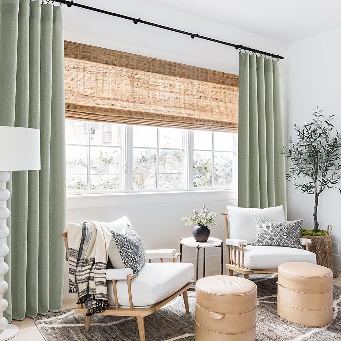 RYB HOME Linen Sheer Curtains and Drapes for Living Room and Dining Room 95 inches Length, Breathable Weave Textured/Rod Pocket Semi Sheer Curtains, Sage Green, W 52 x L 95 inches, 2 Panels Set