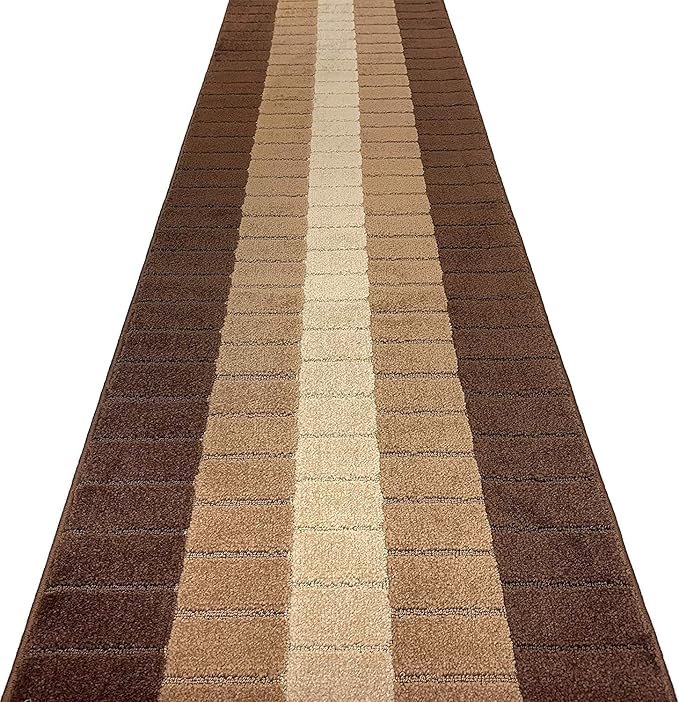 Custom Size Modern Geometric Pattern Carpet Runner Rug for Hallways, Slip Resistant Latex Rubber Backed, 31 inch Wide X Customized Length, Squares Brown, 31 inch X 26 feet
