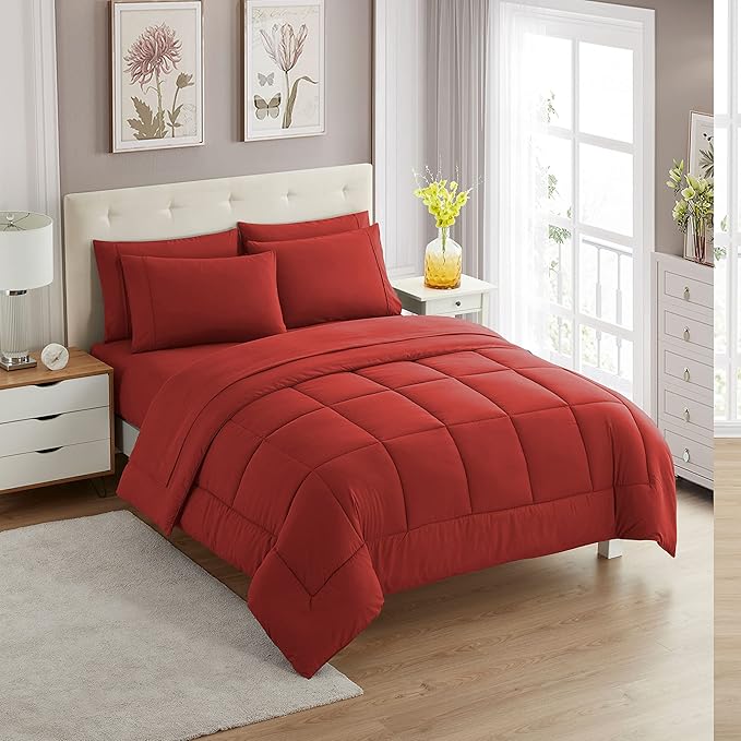 Sweet Home Collection 7 Piece Comforter Set Bag Solid Color All Season Soft Down Alternative Blanket & Luxurious Microfiber Bed Sheets, Red, Twin XL