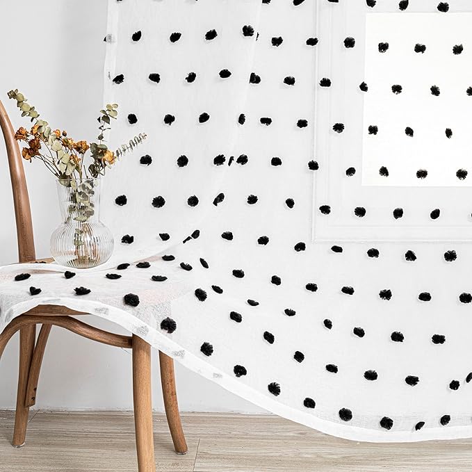 MYSKY HOME 95 Inch Long Curtains for Sliding Door Black Pom Pom Sheer Curtains for Living Room Bedroom 2 Panels Curtains for Halloween Panels Dining Room Rod Pocket Window Drapes 52" x 95"