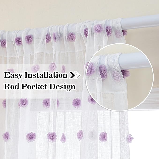 MYSKY HOME Purple Curtains for Girls Bedroom 84 Inch Long White Sheer Curtains with Lilac Pom Pom for Living Room Nursery Curtains 2 Panels Light Filtering Rod Pocket Semi Window Drapes 52 x 84 inch