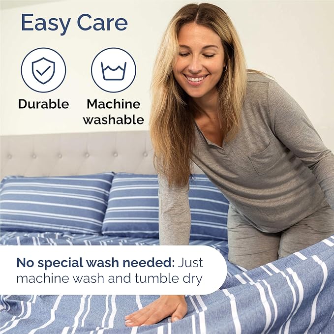 Split King Size 5 Piece Sheet Set - Comfy Breathable & Cooling Bed Sheets Set - Hotel Luxury Bedding for Women, Men, Kids, Teens, Boys & Girls - Deep Pockets & Wrinkle Free - Oeko-Tex - Blue Stripes 3