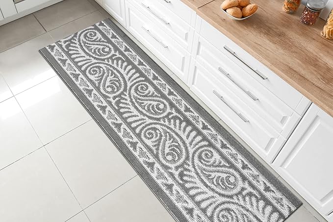 Custom Length Cut to Size Tribal Ethnic Southwestern Inspired Hallway Runner Rug, Non Slip Rubber Backed, 31 inch Wide X Customized Length, Mayan Grey, 31 inch X 22 feet