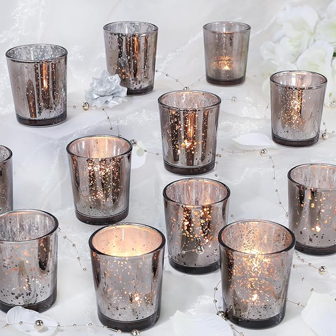 Black Votive Candle Holders Set of 24, Speckled Mercury Candle Holders for Wedding Centerpiece Table Decorations, Tealight Candle Holder for Party Bridal Shower Decor, Home Decor