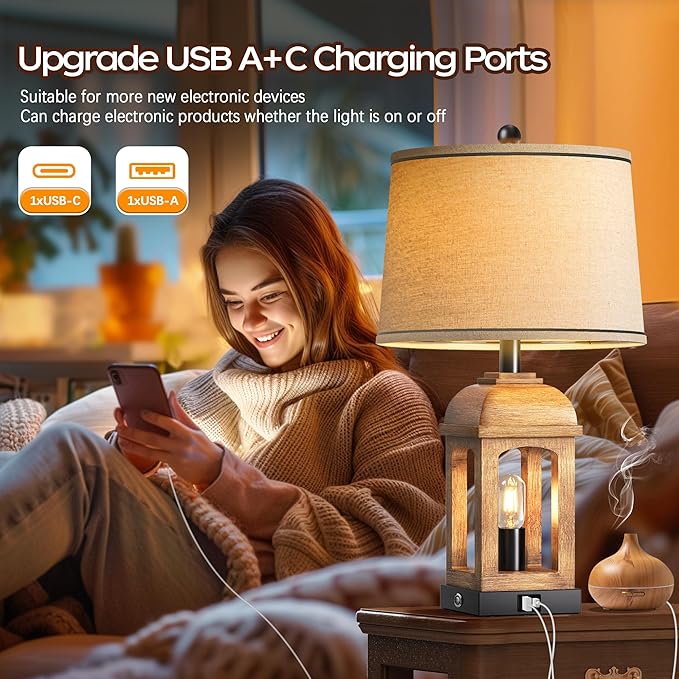 QiMH Table Lamp for Living Room, Farmhouse Lamps with USB A+C and Nightlight, 26" Rustic Bedside Lamps with 3-Way Dimmable Touch Control, Nightstand Lamp for Bedroom, Wood Grain, 1 Pack