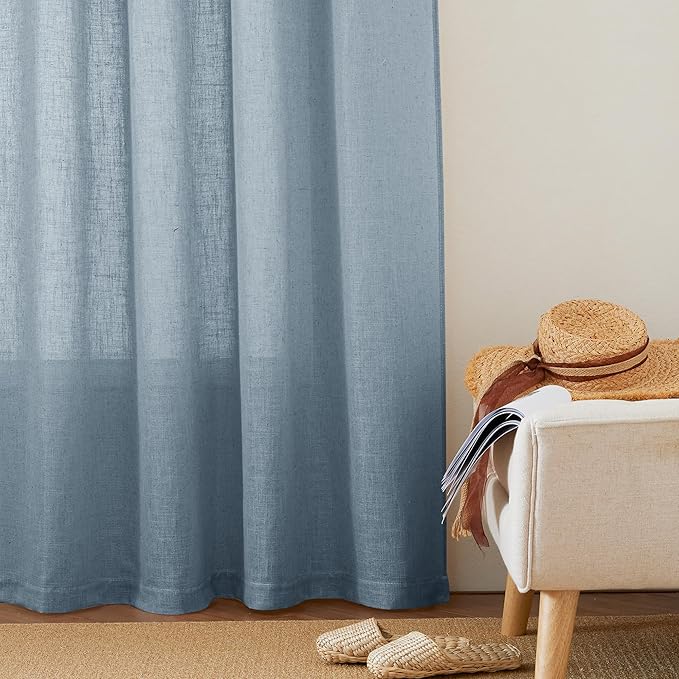 RYB HOME Semi Sheer Curtains for Living Room Dining Room, Linen Texture Window Decor Sun Protection Modern for Bathroom Doorway, W 52 x L 102 inch, 2 Pcs, Dusty Blue