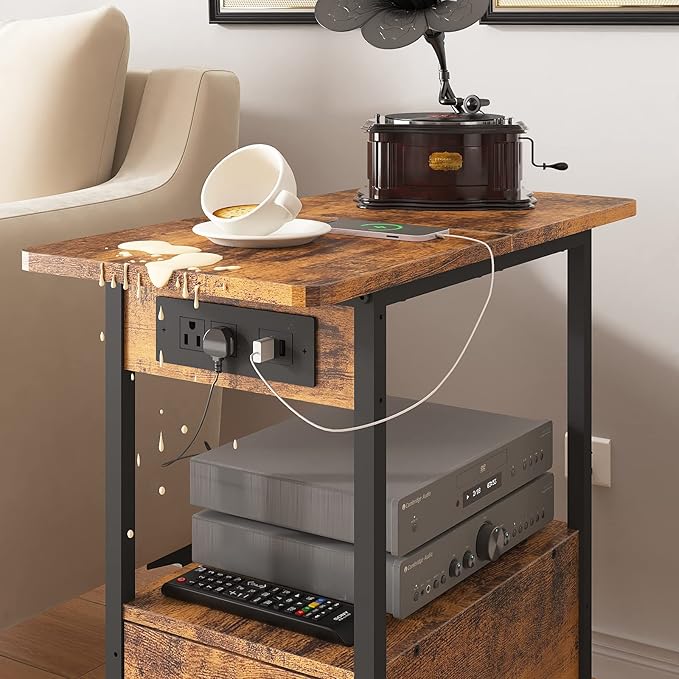 LIDYUK End Table with Charging Station, Narrow Side Table with Drawer and USB Ports & Power Outlets, Nightstand Bedside Tables for Small Spaces, Bedroom, Living Room, Rustic Brown, Set of 2
