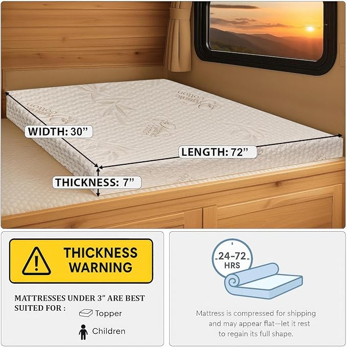 Foamma 7" x 30" x 72" Mattress for RV with Water Resistant Organic Cotton Cover, Firm High Density Foam, USA Made, CertiPUR-US Certified Foam