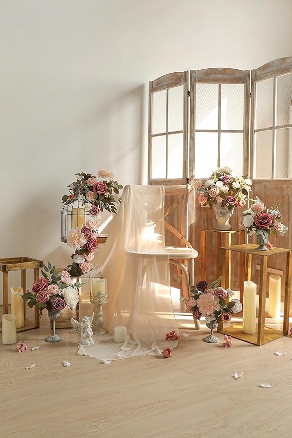 Artificial Flowers Box Set Dusty Roses Fake Silk Flowers Pink Fake Roses DIY Wedding Bridal Bouquets Baby Shower Cake Flowers Home Decoration
