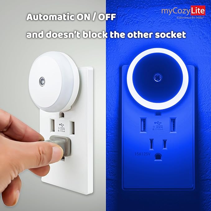 Blue LED Night Light, Plug in, Dusk to Dawn Smart Sensor, Small Round Nightlight, Energy Saving, Night light Plug into Wall for Bathroom, Kitchen, Bedroom, Hallway, Stairway, Travel, 2 Pack