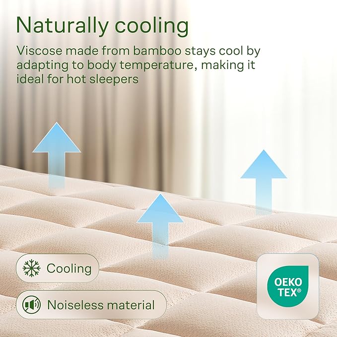 Ultra Soft Twin Size Mattress Topper - Viscose Made from Bamboo Pillow Top Mattress Pad for Back Pain Relief - Naturally Cooling for Hot Sleepers, Beige