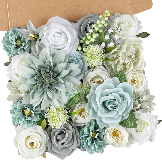 AmyHomie Teal Blue Artificial Flowers Combo Silk Mix Peony Rose Fake Flowers w/Stem for DIY Wedding Bouquets Centerpieces Arrangements Table Fall Decor Party Bridal Baby Shower Home Decorations