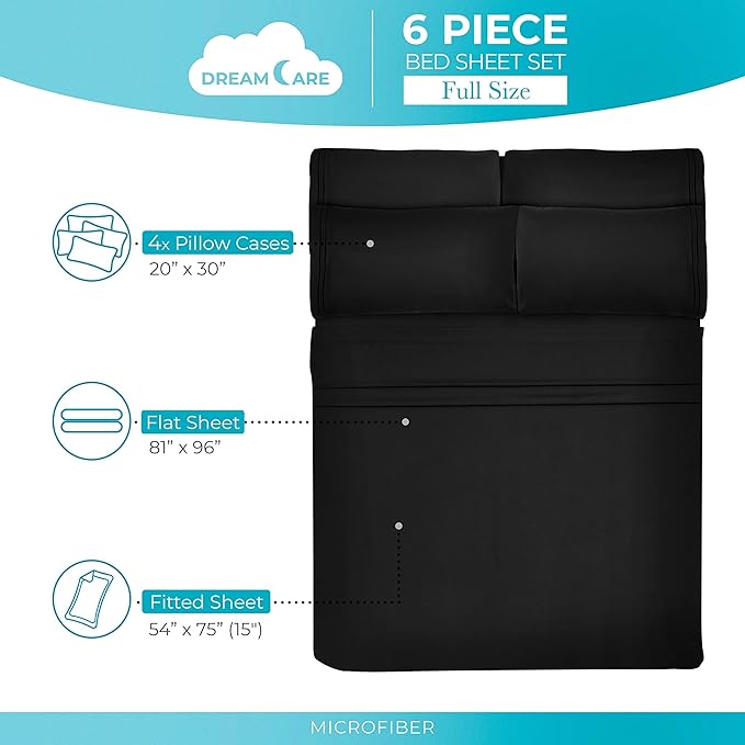 DREAMCARE Sheets Full Size Bed - Cooling Bed Sheets - 6pcs Set - Full Sheet Set - Full Size Sheets - Full Size Sheet Sets Soft & Long Lasting 100% Fine Brushed Polyester with Side Pocket - Black