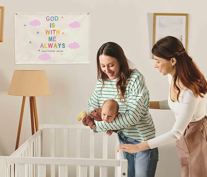 Christian Bible Verse Scripture Rectangular Banner Flag Wall Sign Decor Gift for Baby Girls-Nursery Baby Room Bedroom Decor-Baby,Shower Birthday Christmas Gift-God Is with Me Always