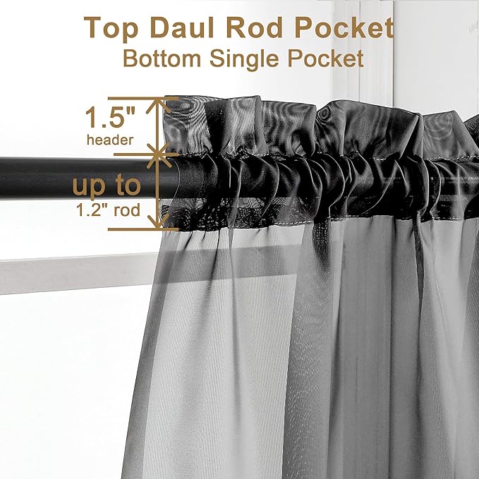 Chyhomenyc Black Sheer Curtains 30 inch Length 2 Panels, Light Filtering Voile Rod Pocket Short Window Curtians for Bathroom Living Room Farmhouse Small Windows, 42Wx30L inches