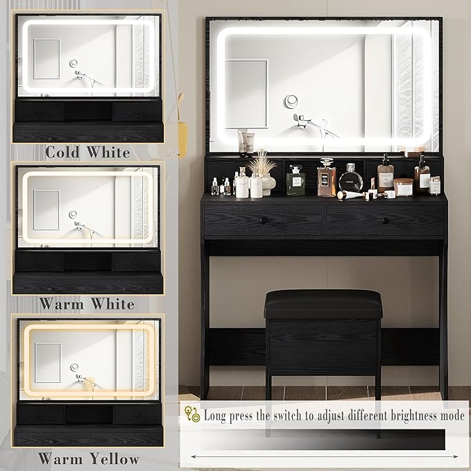 IRONCK Vanity Desk Set with LED Lighted Mirror & Power Outlet, Makeup Vanity Table with 4 Drawers,Storage Bench,for Bedroom, Bathroom, Black