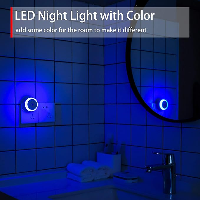 Blue LED Night Light, Plug in, Dusk to Dawn Smart Sensor, Small Round Nightlight, Energy Saving, Night light Plug into Wall for Bathroom, Kitchen, Bedroom, Hallway, Stairway, Travel, 2 Pack