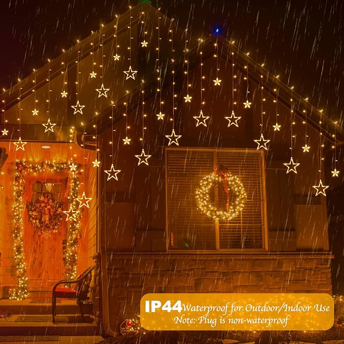 Star Curtain Lights for Bedroom - Plug-in 9ft 138 LED Fairy Twinkle Lights with 12 Star Drops, Connectable Window Lights with Remote 8 Lighting Modes for Indoor Xmas Ramadan Decoration, Warm White