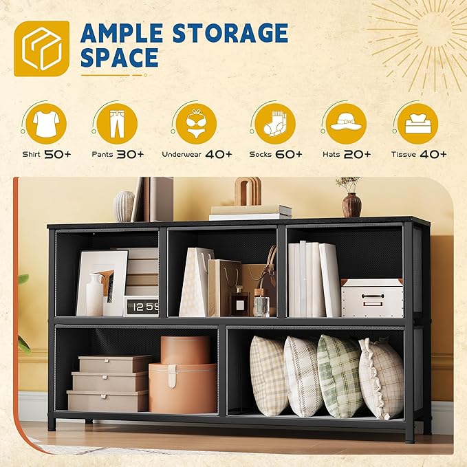 DWVO Dresser with 5 Drawers - Fabric Storage Tower, Organizer Unit for Bedroom, Living Room, Closets - Sturdy Steel Frame, Wooden Top