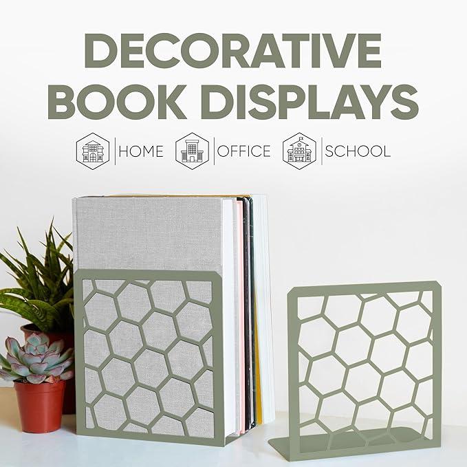 GEOMOD Geometric Honeycomb Sage Metal Bookends Decorative - Tall Sturdy Book Ends for Shelves - Modern Heavy Duty Bookend Stopper - Office or Home Book Shelf Holder - 6x3.25x6.25 Inches-1 Pair