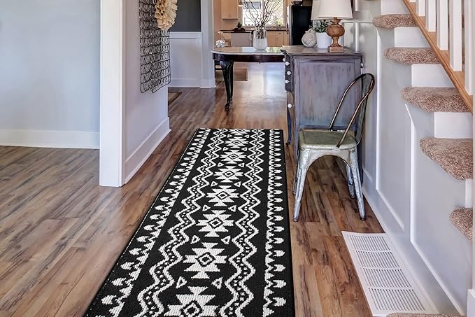 Custom Length Cut to Size Tribal Ethnic Southwestern Inspired Hallway Runner Rug, Non Slip Rubber Backed, 31 inch Wide X Customized Length, Aztec Black, 31 inch X 14 feet