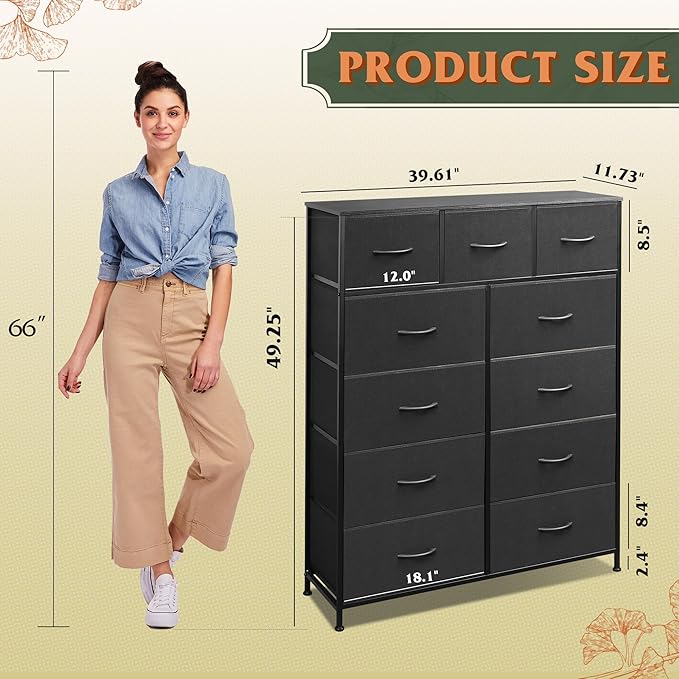 WLIVE Storage Organizer Unit with 11 Fabric Bins, Storage Drawers Organizer with Steel Frame, Tall Storage Tower Organizaton for Living Room, Hallway, Office, Charcoal Black