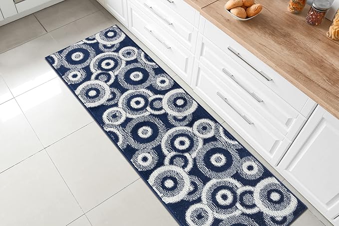 Custom Length Cut to Size Retro Modern Coastal Carpet Runner Rug for Hallways, Non Slip Rubber Backed, 31 inch Wide X Customized Length, Geo Blue, 31 inch X 5 feet