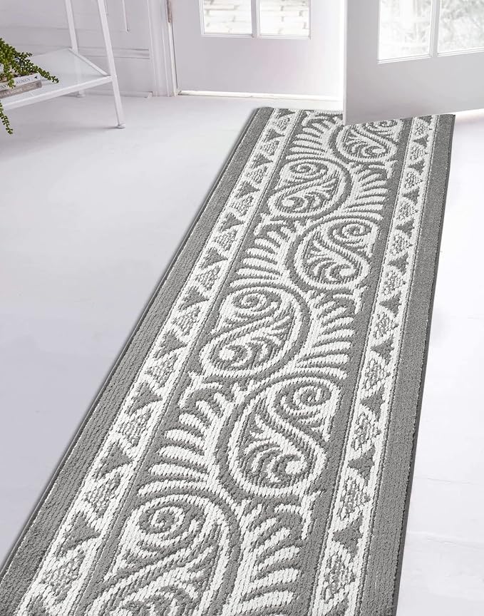 Custom Length Cut to Size Tribal Ethnic Southwestern Inspired Hallway Runner Rug, Non Slip Rubber Backed, 31 inch Wide X Customized Length, Mayan Grey, 31 inch X 9 feet
