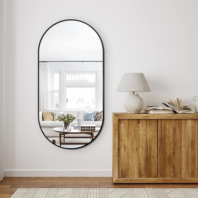 Delma Bathroom Wall Full Length Mirror for Wall, 48''x24'', Gold Oval for Bedroom Entryway Bathroom, Metal Framed Vanity(48''x24'',Black)