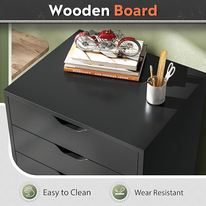 DEVAISE 5-Drawer Chest, Wood Storage Dresser file Cabinet with Wheels, Mobile Dresser for Home Office, Black
