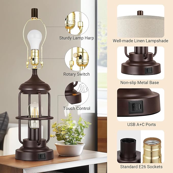 QiMH Table Lamp for Bedroom with USB A+C Ports, Farmhouse Bedside Lamp with Night Light, 3-Way Dimmable Touch Control, Rustic Industrial Nightstand Lamp for Living Room,1 Pack (2700K Bulbs Included)