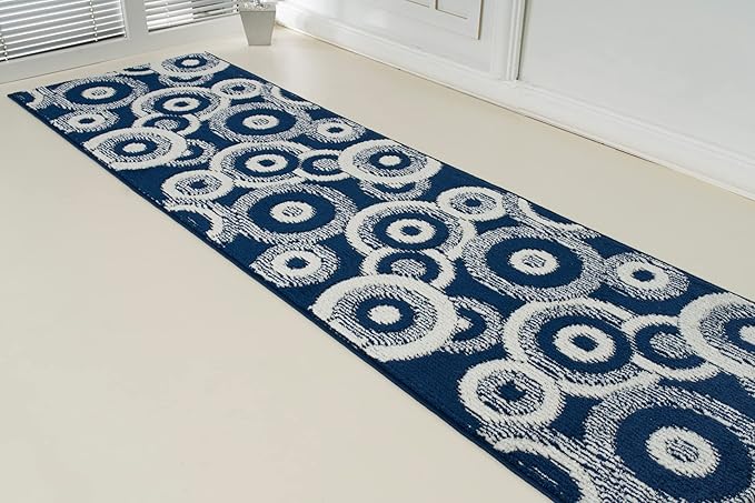Custom Length Cut to Size Retro Modern Coastal Carpet Runner Rug for Hallways, Non Slip Rubber Backed, 31 inch Wide X Customized Length, Geo Blue, 31 inch X 25 feet