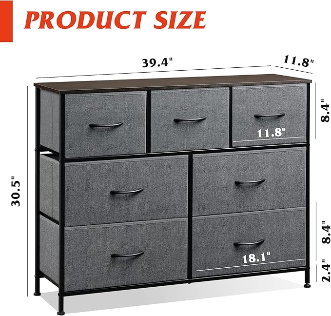 WLIVE 7 Drawer Dresser TV Stand, Entertainment Center, Media Console Table with Metal Frame and Wood Top for TV up to 45 inch, Chest of Drawers for Bedroom, Living Room, Dark Grey