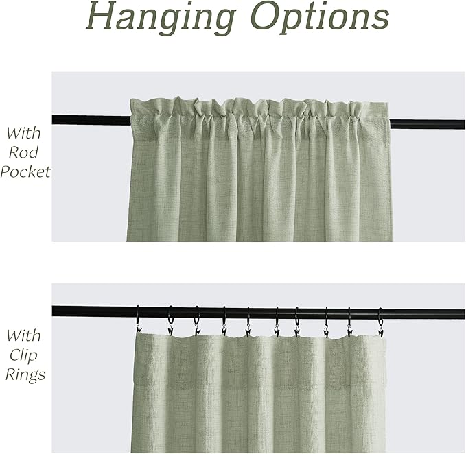 RYB HOME Linen Sheer Curtains and Drapes for Living Room and Dining Room 90 inches Length, Breathable Weave Textured/Rod Pocket Semi Sheer Curtains, Sage Green, W 52 x L 90 inches, 2 Panels Set