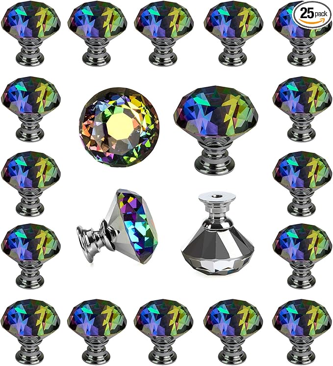 DEELF 25 Packs Crystal Cabinet Knobs Drawer Pulls and Knobs Diamond Dresser Handles Crystal Pulls for Drawers - 30 mm Colorful Glass Cabinet Knob with Silver Base