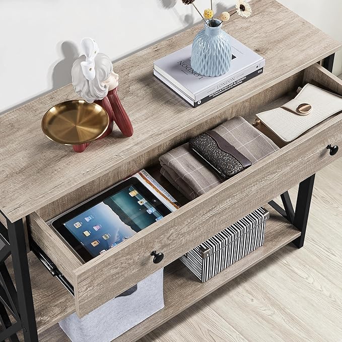 Yaheetech Console Table with Drawer, Entryway Table with 3 Tier Storage Shelves, Narrow Long Sofa Table for Entryway, Living Room, Hallway, Couch, Kitchen, Metal Frame, Gray